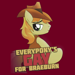 Size: 550x550 | Tagged: safe, artist:broniesunite, artist:drawponies, character:braeburn, species:earth pony, species:pony, clothing, everypony's gay for braeburn, male, redbubble, shirt, solo, text, updated