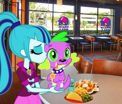 Size: 886x750 | Tagged: safe, artist:xebck, character:sonata dusk, character:spike, species:dog, my little pony:equestria girls, :3, blep, building, chair, drink, eyes closed, female, irl, kissing, male, mountain dew, photo, ponies in real life, restaurant, shipping, sign, smiling, smooch, spike the dog, spikelove, spinata, straight, street, tables, taco, taco bell, tongue out, vector edit
