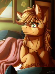 Size: 900x1200 | Tagged: safe, artist:inuhoshi-to-darkpen, character:applejack, species:earth pony, species:pony, bed, bed mane, cheek fluff, chest fluff, ear fluff, female, fluffy, freckles, mare, morning ponies, solo, unshorn fetlocks