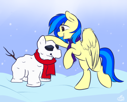 Size: 1280x1023 | Tagged: safe, artist:meggchan, oc, oc only, oc:silvia, species:pegasus, species:pony, clothing, costume, feather, scarf, smiling, snow, snowfall, snowpony