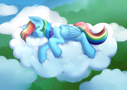 Size: 1000x706 | Tagged: safe, artist:sugaryviolet, character:rainbow dash, cloud, cloudy, cute, dashabetes, eyes closed, on side, sleeping, smiling