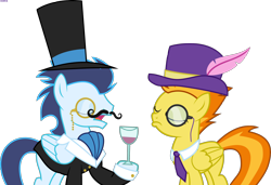Size: 2488x1697 | Tagged: safe, artist:xebck, character:soarin', character:spitfire, species:pegasus, species:pony, ship:soarinfire, g4, alcohol, classy, clothing, cufflinks, cuffs (clothes), drink, eyes closed, facial hair, fake moustache, fancy, female, glass, hat, male, monocle, moustache, necktie, raised hoof, shipping, signature, simple background, straight, top hat, transparent background, vector, wine, wine glass