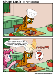 Size: 2550x3450 | Tagged: safe, artist:pony-berserker, character:pinkie pie, oc, oc:cinnamon stick, species:pony, chef's hat, clothing, comic, fire, hat, i can't believe it's not idw, on fire, peppers
