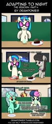 Size: 580x1378 | Tagged: safe, artist:drawponies, artist:terminuslucis, character:bon bon, character:dj pon-3, character:lyra heartstrings, character:octavia melody, character:sweetie drops, character:vinyl scratch, species:earth pony, species:pony, species:unicorn, comic:adapting to night, comic:adapting to night: the reborn, cafe, comic, doctor who, food, glowing horn, grimdark series, grotesque series, horn, magic, muffin, pie, telekinesis