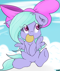 Size: 3000x3562 | Tagged: safe, artist:freefraq, character:flitter, bow, cloud, cloudy, cookie, cute, female, flitterbetes, sitting, solo