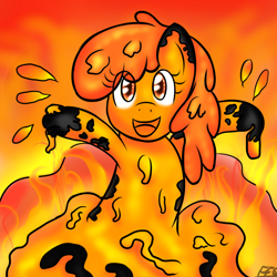 Size: 900x900 | Tagged: safe, artist:freefraq, oc, oc only, cute, goo pony, happy, lava, lava bathing, lava pony, looking at you, monster, monster pony, obsidian, open mouth, original species, smiling