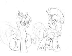 Size: 1017x786 | Tagged: safe, artist:drawponies, character:sunset shimmer, character:twilight sparkle, character:twilight sparkle (alicorn), species:alicorn, species:pony, ship:sunsetsparkle, armor, female, lesbian, mare, monochrome, new crown, royal guard, shipping, sketch