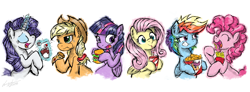 Size: 4371x1600 | Tagged: safe, artist:flutterthrash, character:applejack, character:fluttershy, character:pinkie pie, character:rainbow dash, character:rarity, character:scootaloo, character:twilight sparkle, character:twilight sparkle (alicorn), species:alicorn, species:pegasus, species:pony, burger, drink, eating, fast food, female, food, french fries, fried chicken, ice cream, line-up, mane six, mare, omnivore twilight, pizza, ponies eating meat, scootachicken, sundae, that pony sure does love burgers, twilight burgkle