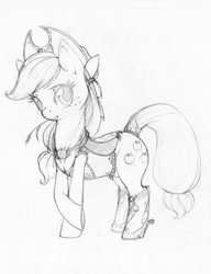 Size: 627x817 | Tagged: source needed, safe, artist:longinius, character:applejack, boots, clothing, crossed hooves, female, grayscale, monochrome, sketch, solo, spurs, traditional art
