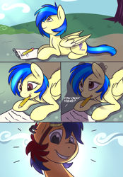 Size: 961x1384 | Tagged: safe, artist:meggchan, oc, oc only, oc:electric spark, oc:silvia, species:pegasus, species:pony, species:unicorn, comic:spark of interest, comic, goggles, grin, looking at you, looking up, mouth hold, notepad, outdoors, paper, pencil, prone, shadow, silspark, smiling