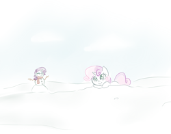Size: 928x728 | Tagged: safe, artist:jessy, artist:palette-swap, character:rarity, character:sweetie belle, sketch, snow, snowman, winter