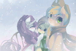 Size: 750x501 | Tagged: dead source, safe, artist:loyaldis, character:applejack, character:fluttershy, character:rarity, clothing, crying, sad, scarf, snow, winter