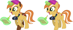 Size: 1471x612 | Tagged: safe, artist:cheezedoodle96, oc, oc only, oc:paige turner, species:pony, species:unicorn, equestria daily, .svg available, camera, clothing, female, flat cap, hat, magic, mascot, notepad, pencil, simple background, solo, svg, transparent background, vector