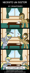 Size: 850x2020 | Tagged: safe, artist:drawponies, character:derpy hooves, character:doctor whooves, character:time turner, species:pegasus, species:pony, bacon, bacon and eggs, breakfast, coffee, comic, doctor who, egg (food), female, food, funny, heart attack, mare, ponies eating meat, spanish, time lord, translation, translator:the-luna-fan, weeping angel