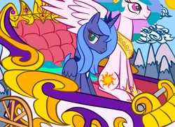 Size: 1375x1000 | Tagged: safe, artist:tess, character:princess celestia, character:princess luna, carriage, frown, looking away, s1 luna, sad, sitting, smiling