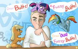 Size: 2850x1800 | Tagged: safe, artist:captainpudgemuffin, character:applejack, character:rainbow dash, character:twilight sparkle, character:twilight sparkle (alicorn), species:alicorn, species:human, species:pony, artist, butts, cute, dialogue, eyes closed, female, frown, hopping, looking at you, mare, micro, open mouth, pony hat, pouting, raised eyebrow, sitting, smiling, tulpa, unamused