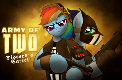Size: 1024x668 | Tagged: safe, artist:drawponies, character:rainbow dash, character:soarin', species:pegasus, species:pony, army of two, crossover, soldier