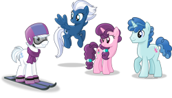 Size: 5372x3071 | Tagged: safe, artist:vector-brony, character:double diamond, character:night glider, character:party favor, character:sugar belle, episode:the cutie map, g4, my little pony: friendship is magic, absurd resolution, clothing, equal four, floating, goggles, group, helmet, inkscape, looking at each other, raised hoof, scarf, signature, simple background, skis, transparent background, vector
