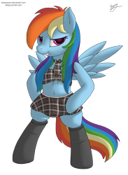 Size: 1833x2500 | Tagged: safe, artist:skipsy, character:rainbow dash, species:pegasus, species:pony, belly button, bipedal, clothing, female, looking at you, midriff, necktie, short shirt, signature, simple background, skirt, socks, solo, spread wings, transparent background, wings