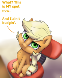 Size: 2400x3000 | Tagged: safe, artist:captainpudgemuffin, character:applejack, species:earth pony, species:pony, applecat, behaving like a cat, chair, cute, female, fluffy, frown, glare, jackabetes, looking at you, mare, office chair, raised eyebrow, solo