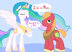 Size: 2338x1700 | Tagged: safe, artist:tess, character:big mcintosh, character:princess celestia, species:alicorn, species:earth pony, species:pony, g4, blue background, dialogue, duo, english, eyes closed, female, frown, funny, jewelry, looking at you, mac, mac ad parody, male, mare, name pun, open mouth, pc, pun, raised hoof, regalia, serious, serious face, simple background, smiling, spread wings, stallion, unamused, wings