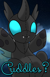 Size: 1650x2550 | Tagged: safe, artist:drawponies, oc, oc only, species:changeling, cuddlebug, cuddling, cute, digital art, fangs, hug request, plushie, plushling, smiling, snuggling, solo
