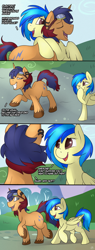 Size: 900x2359 | Tagged: safe, artist:meggchan, oc, oc only, oc:electric spark, oc:silvia, species:pegasus, species:pony, species:unicorn, comic:spark of interest, comic, cute, giggling, goggles, hug, outdoors, silspark, smiling, this will end in porn, walking