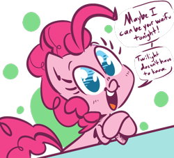Size: 880x800 | Tagged: safe, artist:tess, character:pinkie pie, species:earth pony, species:pony, abstract background, bronybait, crossed hooves, cute, dialogue, diapinkes, dilemma, female, looking at you, mare, no pupils, open mouth, solo, speech bubble, waifu