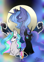 Size: 844x1196 | Tagged: safe, artist:longinius, artist:mew-vocaloid, edit, character:nightmare moon, character:princess celestia, character:princess luna, species:alicorn, species:pony, bedroom eyes, colored, duality, eyelashes, eyes closed, frown, s1 luna, thorns