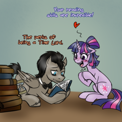 Size: 750x750 | Tagged: safe, artist:jitterbugjive, character:doctor whooves, character:time turner, character:twilight sparkle, alternate hairstyle, dialogue, discord whooves, discorded, doctwi, female, male, reading, shipping, speed reading, straight, that pony sure does love books