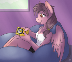 Size: 1200x1033 | Tagged: safe, artist:meggchan, oc, oc only, oc:star burst, species:anthro, species:pegasus, species:pony, anthro oc, breasts, clothing, crossover, female, game boy, game boy color, gamer, gemini ties, pikachu, pokemon yellow, pokémon, ranchtown, solo, video game
