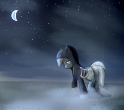 Size: 2564x2280 | Tagged: safe, artist:darkflame75, character:lyra heartstrings, fanfic:background pony, clothing, female, fog, high res, hoodie, lyre, moon, night, ponies wearing black, sad, solo