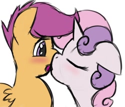Size: 700x600 | Tagged: safe, artist:kryptchild, character:scootaloo, character:sweetie belle, species:pegasus, species:pony, ship:scootabelle, female, kissing, lesbian, shipping