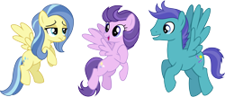Size: 4303x1865 | Tagged: safe, artist:cheezedoodle96, character:clear skies, character:open skies, character:sunshower, species:pegasus, species:pony, episode:tanks for the memories, g4, my little pony: friendship is magic, .svg available, abbott and costello, background pony, cutie mark, female, flying, frown, grin, hoof on chest, male, mare, open mouth, simple background, smiling, spread wings, stallion, svg, transparent background, trio, unamused, vector, who's on first?, wings