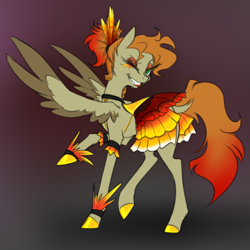Size: 750x750 | Tagged: safe, artist:jitterbugjive, oc, oc only, oc:bracer, species:pegasus, species:pony, emw:mmmm, anklet, bedroom eyes, clothing, dock, dress, eyelashes, eyeshadow, feather, grin, looking at you, makeup, raised hoof, raised leg, smiling, spread wings, wings, wink