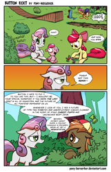 Size: 2025x3150 | Tagged: safe, artist:pony-berserker, character:apple bloom, character:big mcintosh, character:button mash, character:cheerilee, character:pinkie pie, character:scootaloo, character:sweetie belle, species:earth pony, species:pegasus, species:pony, episode:slice of life, g4, my little pony: friendship is magic, anti-shipping, buttonbuse, comic, cutie mark crusaders, dialogue, frown, gaming heresy, helmet, heresy, heresy of the ages, i can't believe it's not idw, male, now kiss, open mouth, raised hoof, scooter, shipper on deck, shipping, shipping denied, stallion, straight, sweetie belle hates button, sweetiemash