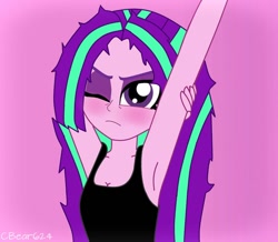 Size: 600x524 | Tagged: safe, artist:cbear624, character:aria blaze, my little pony:equestria girls, armpits, blushing, clothing, female, loose hair, pink background, simple background, solo, stretching, tank top, tired