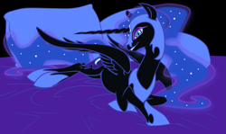 Size: 1339x797 | Tagged: safe, artist:jackjacko-eponymous, artist:php27, edit, character:nightmare moon, character:princess luna, species:alicorn, species:pony, bed, bedroom eyes, color edit, colored, ethereal mane, female, galaxy mane, go to bed, grin, hoof shoes, mare, pillow, slit eyes, smiling, solo, stupid sexy nightmare moon, succubus, sultry pose