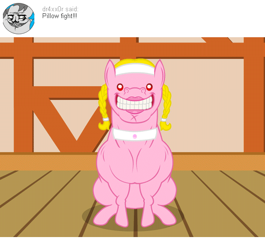 Size: 540x490 | Tagged: safe, artist:aha-mccoy, oc, oc only, oc:helga starkehuf, species:earth pony, species:pony, animated, anonymous, ask, female, mare, muscles, nopony-ask-mclovin, pillow, smiling, solo, tumblr