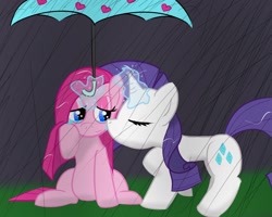 Size: 1280x1024 | Tagged: safe, artist:kryptchild, character:pinkie pie, character:rarity, species:earth pony, species:pony, species:unicorn, ship:raripie, female, kissing, lesbian, mare, rain, shipping, sitting, umbrella