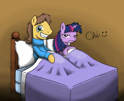Size: 1376x1122 | Tagged: safe, artist:nekocrispy, character:caramel, character:twilight sparkle, ship:caralight, bed, caramel is awesome, clothing, female, male, shipping, straight, sweater