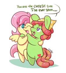 Size: 1109x1214 | Tagged: safe, artist:dsp2003, character:fluttershy, character:tree hugger, species:pony, ship:flutterhugger, episode:make new friends but keep discord, g4, my little pony: friendship is magic, bipedal, blushing, chibi, cute, female, hug, huggerbetes, implied fluttertree, lesbian, literal, open mouth, shipping, shyabetes, simple background, style emulation, transparent background, weapons-grade cute, wink