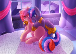 Size: 1280x904 | Tagged: safe, artist:sugaryviolet, oc, oc only, oc:cloud zapper, oc:milky chocoberry, blushing, castle, cuddling, cute, holding tails, milkyzapper, night, royal guard, snuggling