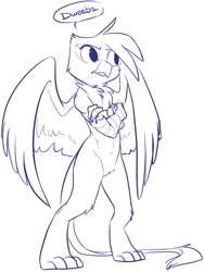 Size: 763x1014 | Tagged: safe, artist:php27, character:gilda, species:anthro, species:digitigrade anthro, species:griffon, bipedal, dialogue, dweeb, female, lineart, monochrome, sketch, solo, speech bubble, unamused