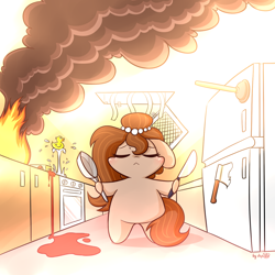 Size: 1536x1536 | Tagged: safe, alternate version, artist:dsp2003, oc, oc only, oc:brownie bun, :<, axe, blushing, chibi, cute, eyes closed, fire, floppy ears, hoof hold, kitchen, knife, majestic as fuck, pan, plunger, property damage, refrigerator, rubber duck, smoke, solo, style emulation, this will end in tears and/or breakfast, water, xk-class end-of-the-kitchen scenario