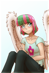 Size: 900x1353 | Tagged: safe, artist:inuhoshi-to-darkpen, character:blossomforth, species:human, fanfic:the life and times of a winning pony, winningverse, g4, adoraforth, cute, female, freckles, humanized, shoulder freckles, solo, winged humanization