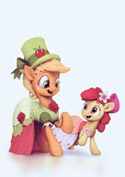 Size: 850x1200 | Tagged: safe, artist:assasinmonkey, character:apple bloom, character:applejack, species:earth pony, species:pony, episode:make new friends but keep discord, g4, my little pony: friendship is magic, adorabloom, clothing, cute, detailed, dress, eye contact, flower, flower in hair, gala dress, hat, jackabetes, looking at each other, open mouth, raised hoof, running, sisters, smiling