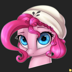 Size: 2400x2400 | Tagged: safe, artist:captainpudgemuffin, character:pinkie pie, species:pony, beanie, black background, captainpudgemuffin is trying to murder us, cheek fluff, clothing, cute, diapinkes, female, hat, head only, looking at you, mare, portrait, simple background, solo