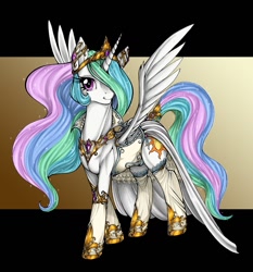 Size: 1012x1084 | Tagged: safe, artist:longinius, character:princess celestia, species:alicorn, species:pony, clothed ponies, clothing, crown, dock, dress, ethereal mane, female, jewelry, mare, necklace, regalia, smiling, solo, wedding dress