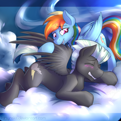Size: 2000x2000 | Tagged: safe, artist:dripponi, artist:lattynskit, character:rainbow dash, character:thunderlane, species:pegasus, species:pony, blushing, cloud, cloudy, cute, dashabetes, female, male, mare, preening, prone, relaxing, shipping, stallion, straight, thunderbetes, thunderdash, wings
